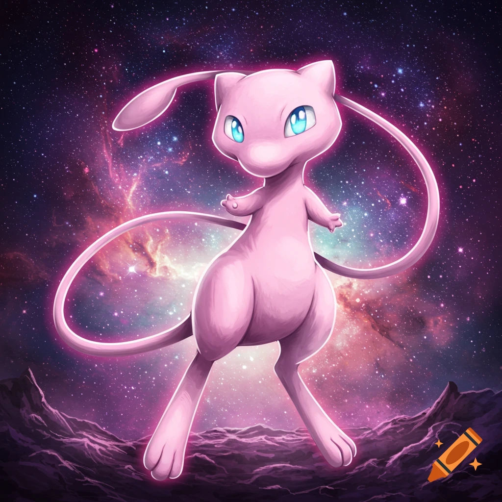 A pink Mew from Pokemon stands on a purple rocky surface with a vibrant cosmic background filled with stars and nebulae.