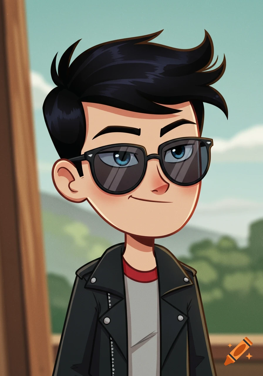 A cartoon boy with black hair and dark blue eyes wears sunglasses, a red-collared gray tee, and a black leather jacket, looking smug.