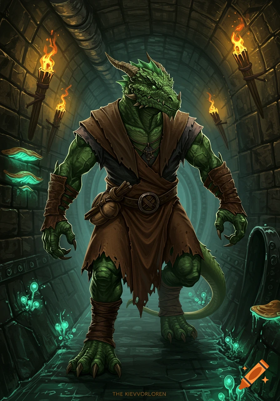 A green-skinned dragonborn warrior in tattered brown clothes stands in a torchlit sewer tunnel with glowing mushrooms.