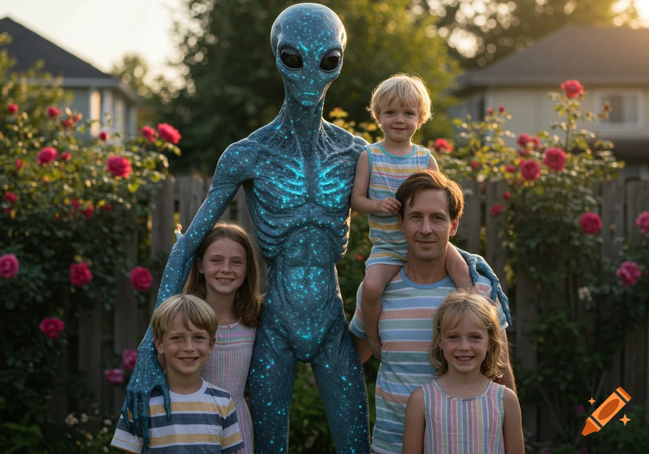A family portrait in a garden featuring a man, three children, and a tall, glowing blue alien, all smiling.