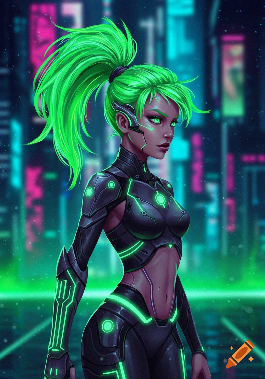 A digital art portrait of a futuristic warrior girl with neon green hair and cybernetic armor, standing in a neon-lit city.