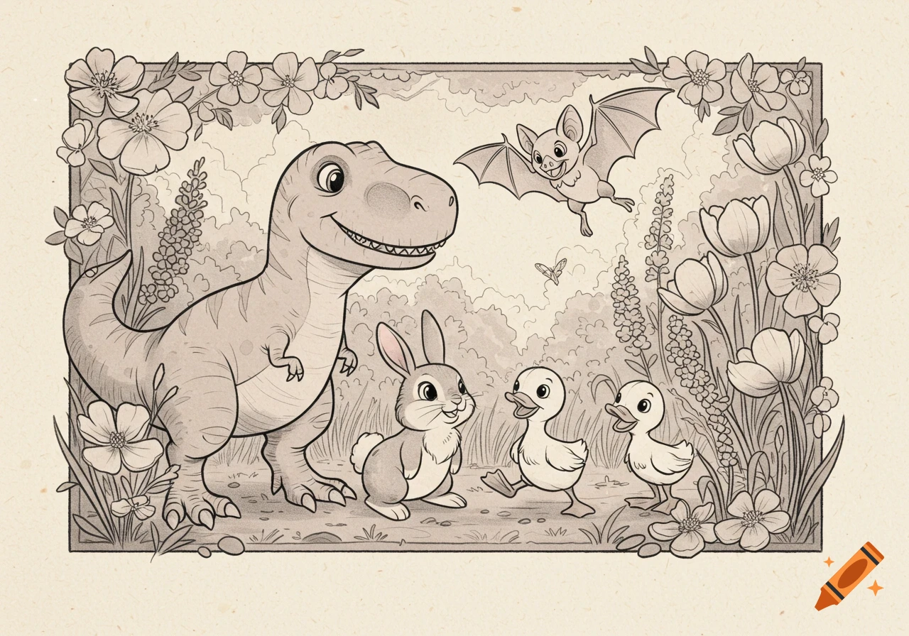 A cartoon black and white illustration of a smiling T-Rex, a bunny, two ducklings, and a bat surrounded by flowers.