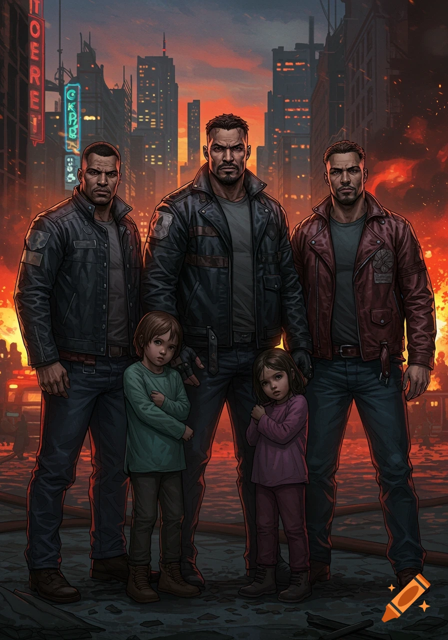 A dramatic, comic book style illustration of three tough-looking men standing protectively with two small girls in front of a burning, ruined city at dusk.