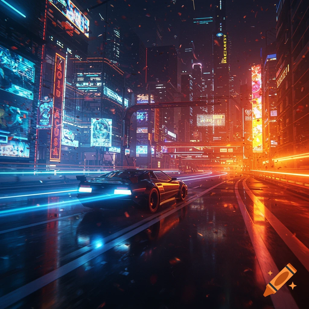 A futuristic car speeds down a neon-lit city street at night, with buildings glowing in blue and orange hues.