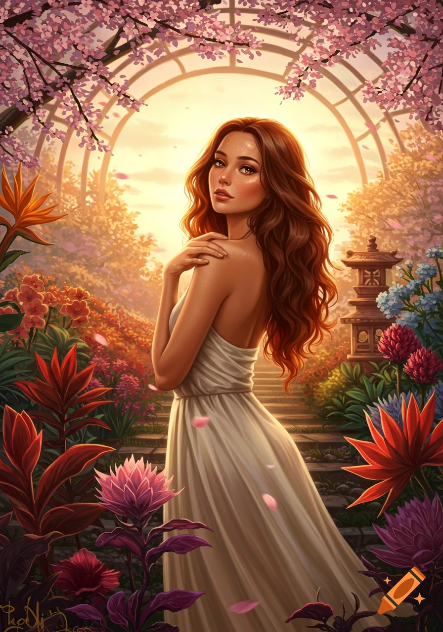 A beautiful woman in a white dress stands in a lush garden with cherry blossoms and colorful flowers, looking over her shoulder.