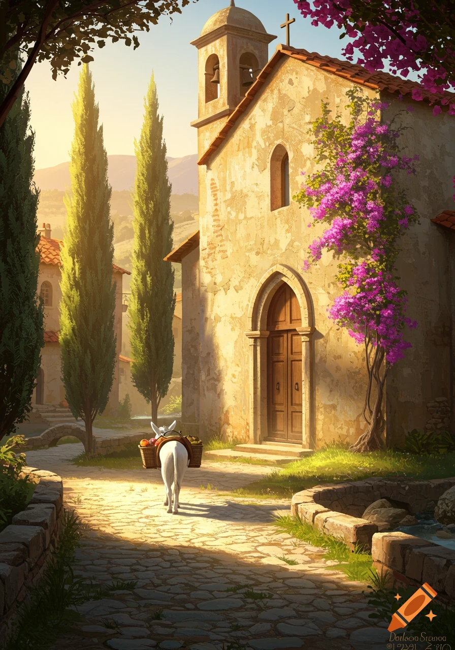 A white burro with baskets walks down a cobblestone path towards an old stone church with pink bougainvillea and cypress trees in a sunny village.