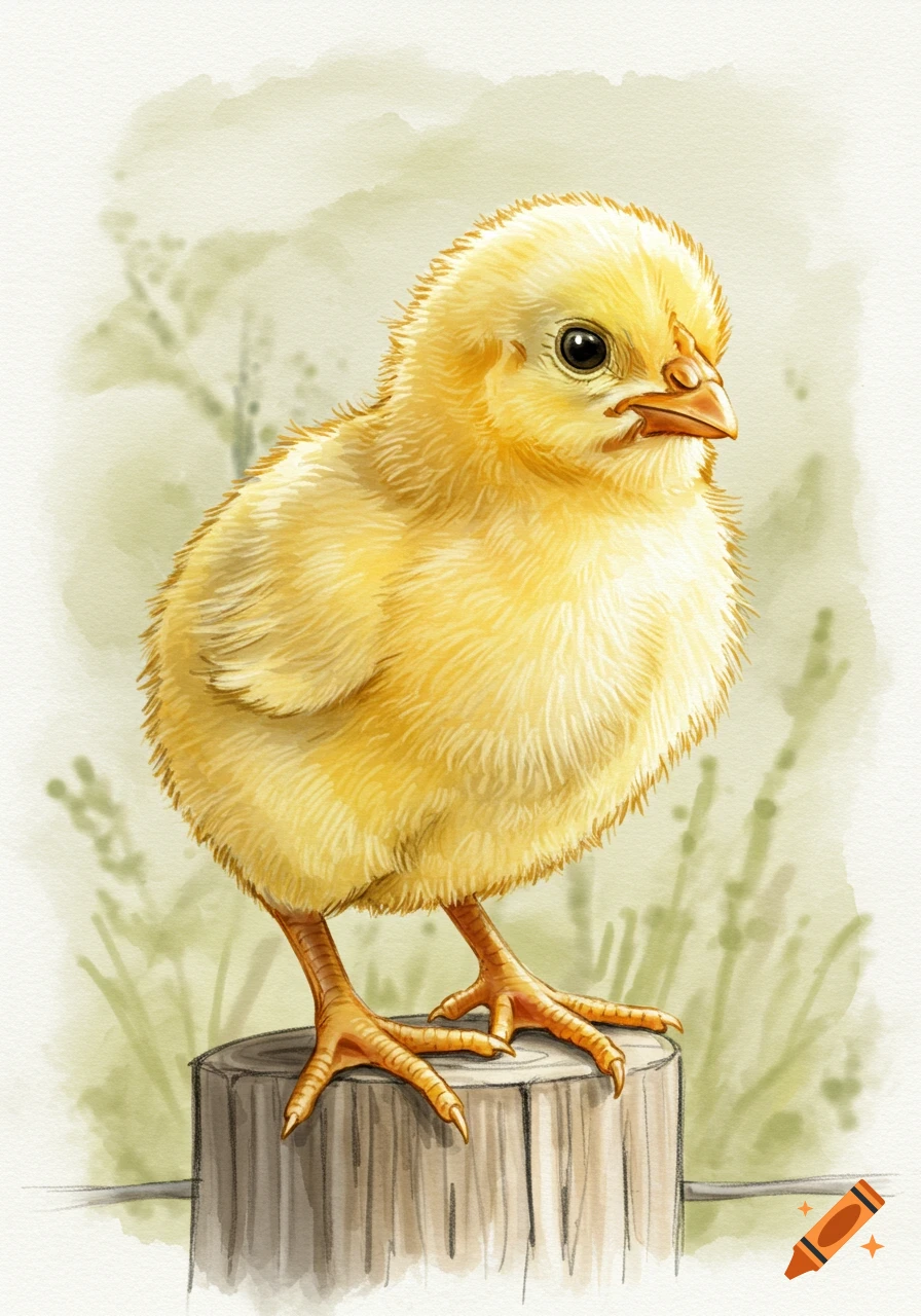 A fluffy yellow baby chick stands on a wooden post in a watercolor illustration.