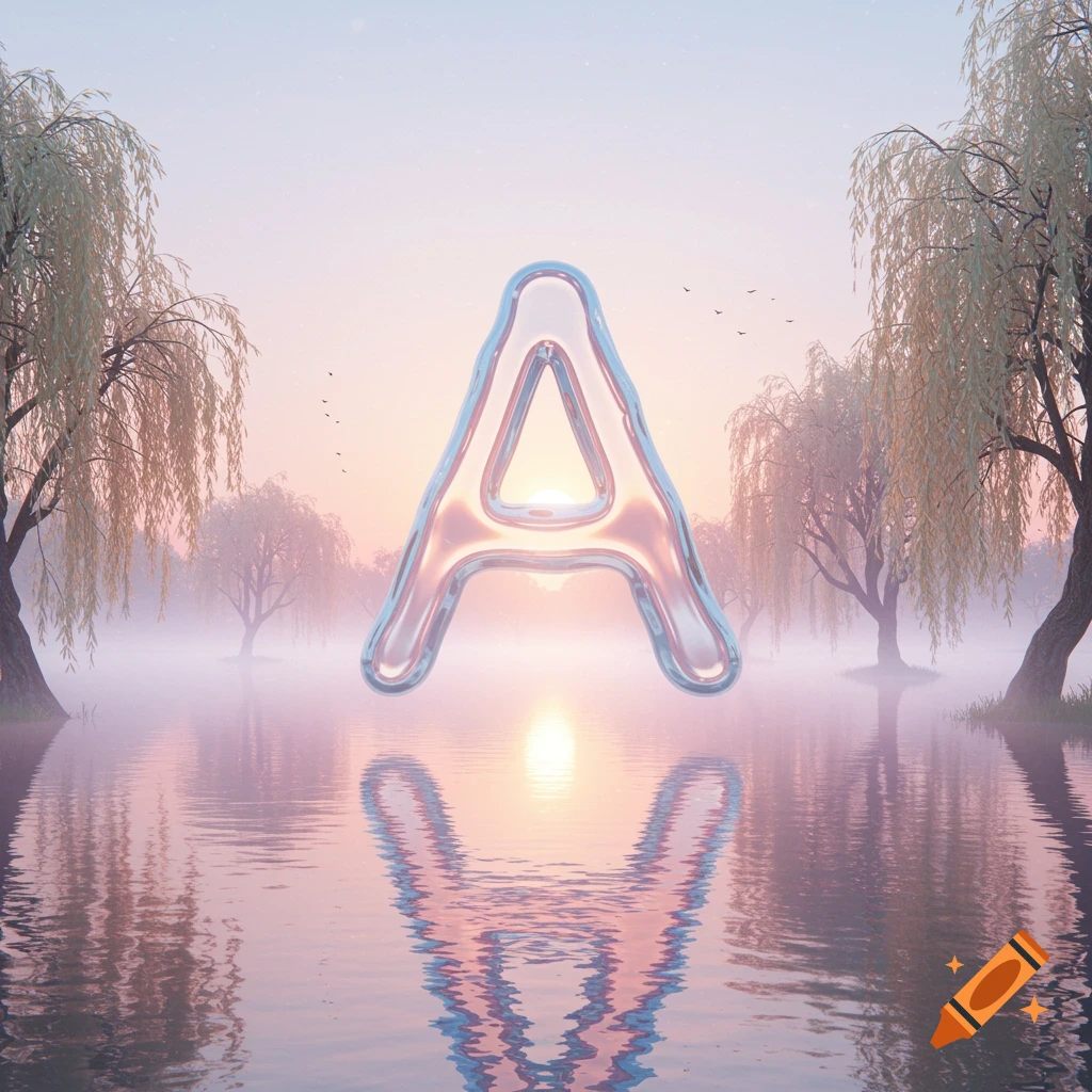 A shiny, clear letter A floats above a misty, pink-hued lake at sunrise, with trees on either side and its reflection in the water.