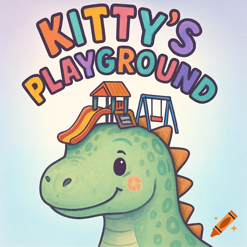 A cute green cartoon dinosaur with a playground on its head. Colorful text above reads "KITTY'S PLAYGROUND".