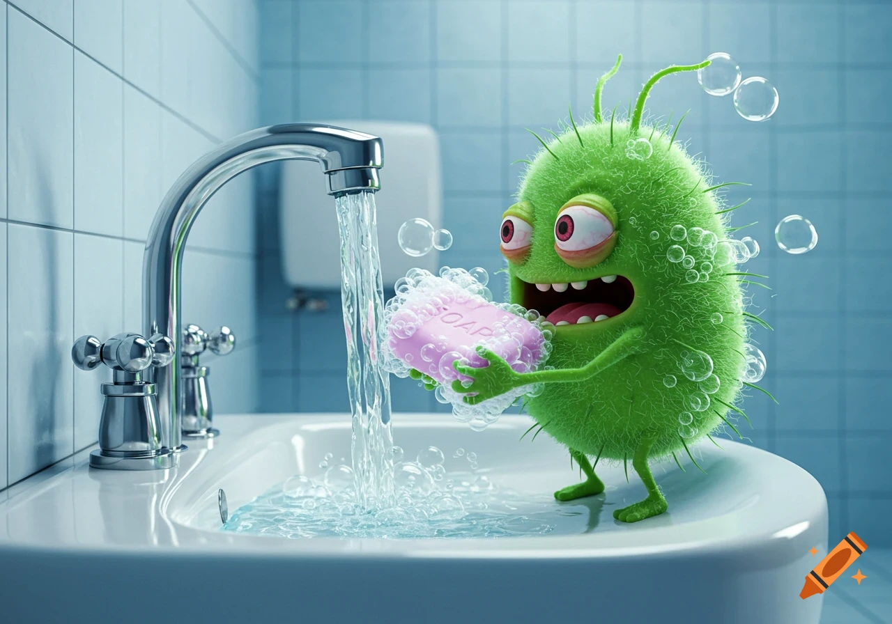 A cute, green furry cartoon germ washing its hands with pink soap in a bathroom sink, with water splashing and bubbles.