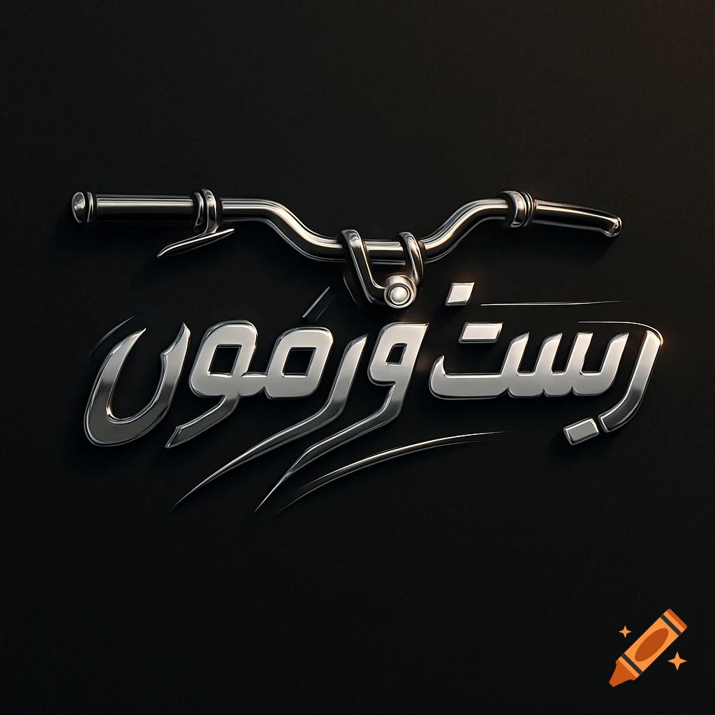 Metallic logo in Arabic script "Post Farmoun" with a motorcycle handlebar above it on a dark background.