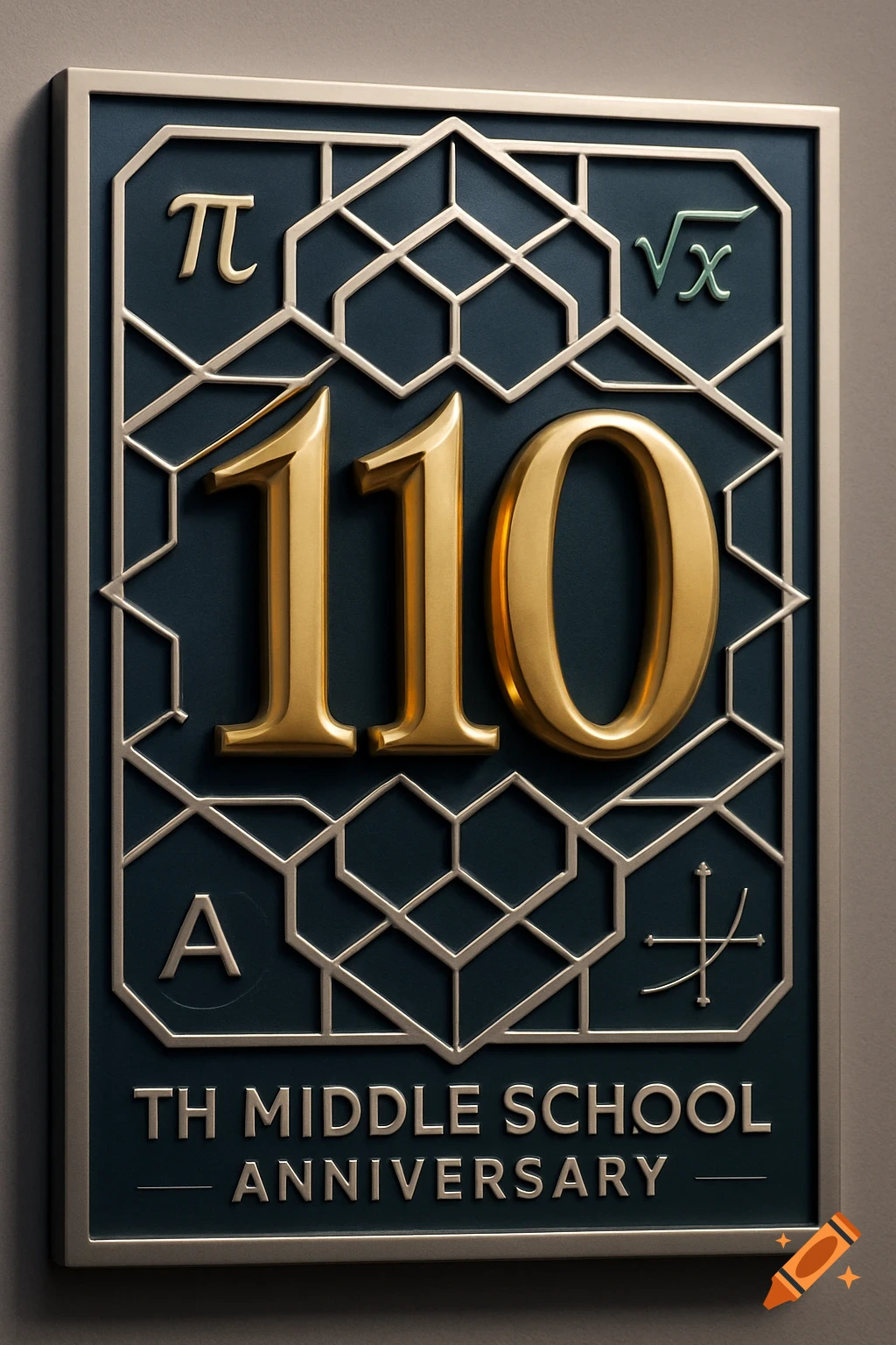 A decorative plaque celebrating a 110th middle school anniversary, featuring large golden numbers '110', mathematical symbols like pi and square root, and geometric patterns on a dark blue background.