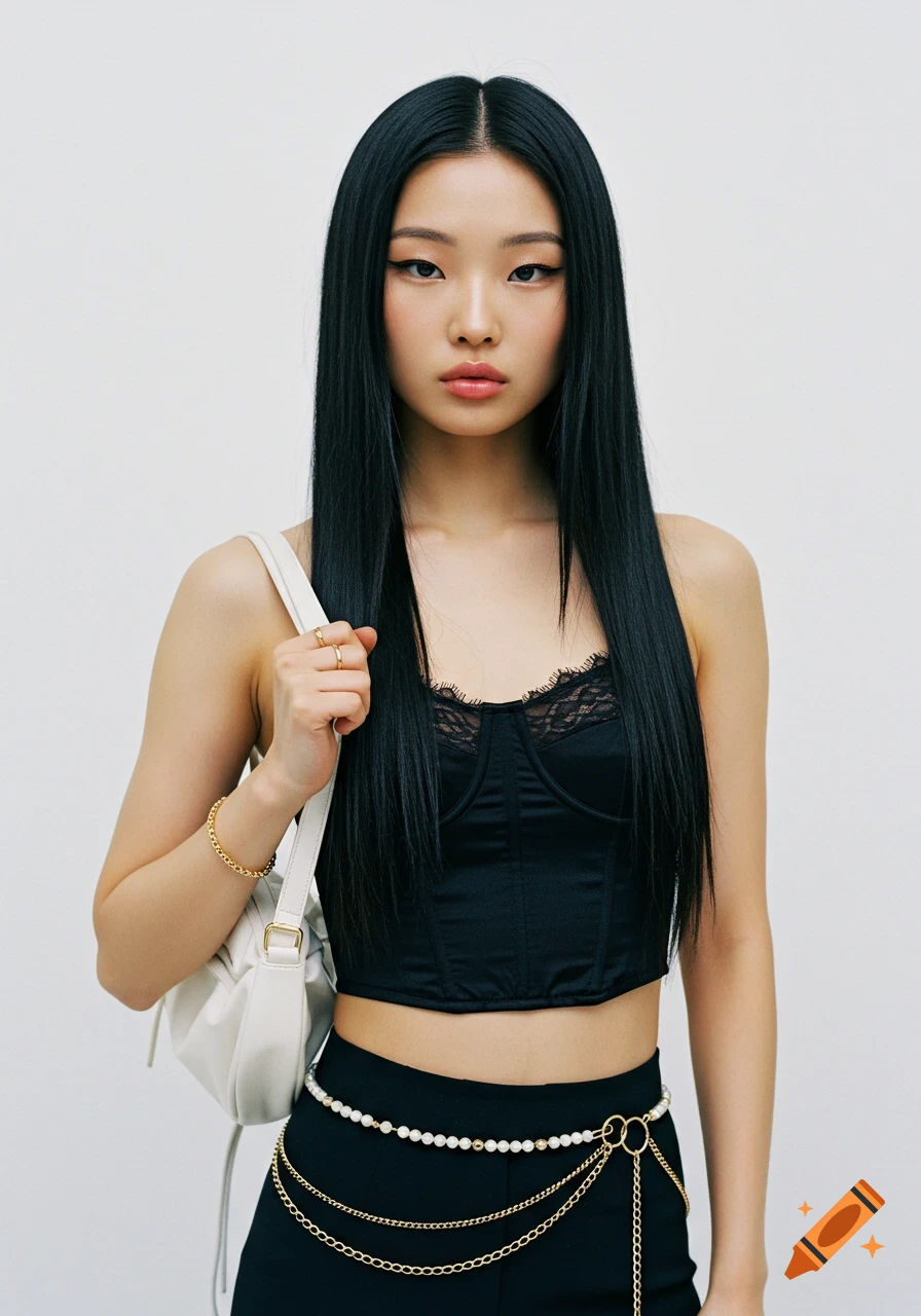 A poised young East Asian woman with long black hair, wearing a black corset top, pearl and gold chains, and holding a white handbag, stands against a white background.