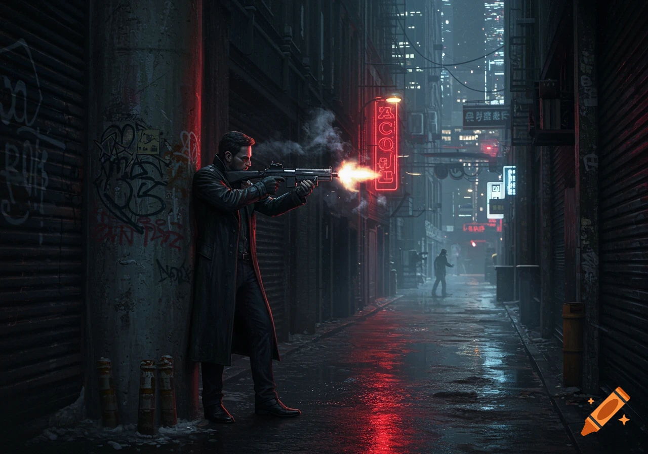 Man in a trench coat firing a rifle in a dark, rainy cyberpunk alley with neon signs, photorealistic style.