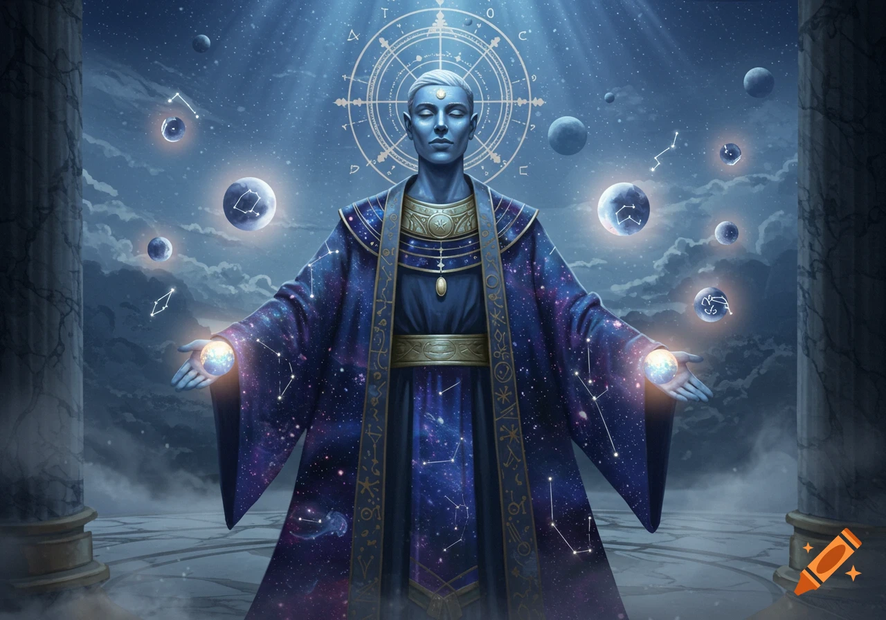 Blue-skinned celestial being in starry robes holding glowing orbs, surrounded by planets and constellations in a cosmic setting.