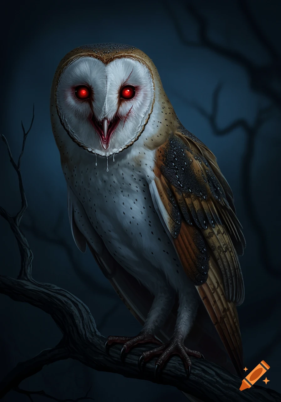 A creepy barn owl with glowing red eyes, an open beak with saliva, and a scar on its face, perched on a dark tree branch at night.