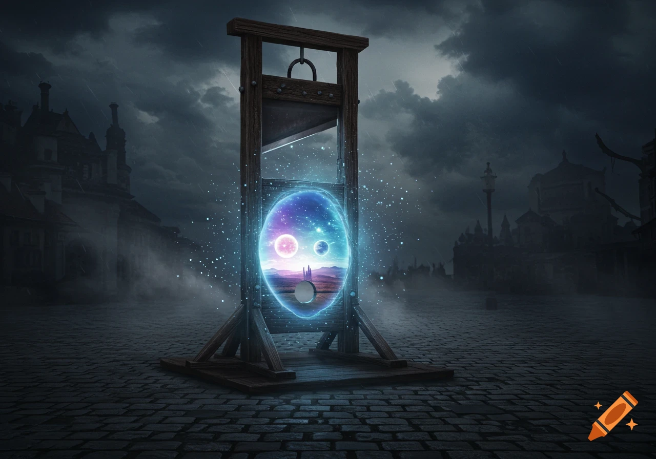 A guillotine with a glowing, colorful portal in its opening, revealing planets and a landscape, on a dark, stormy street.