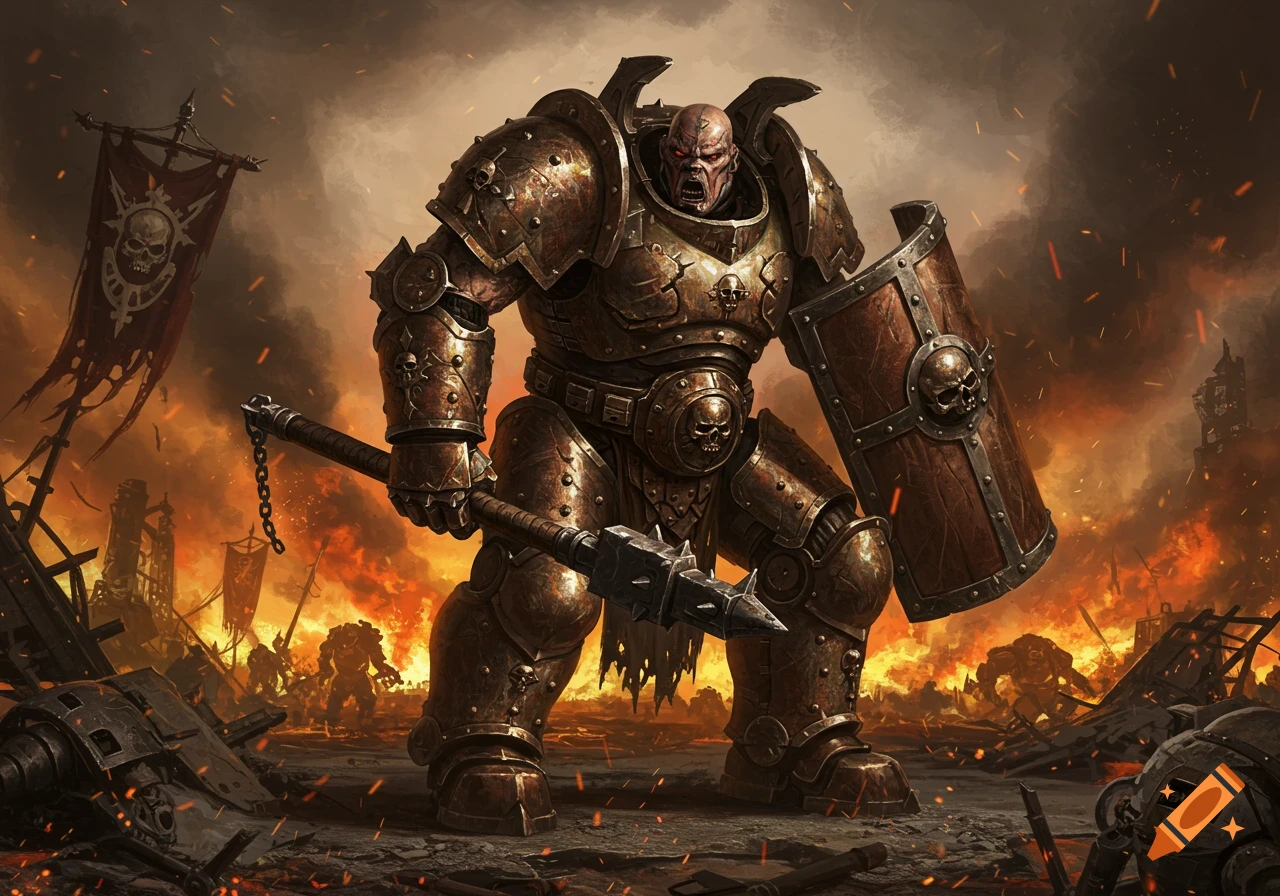 A large, heavily armored warrior wielding a spiked club and a skull-emblazoned shield stands in a fiery, war-torn landscape, dark fantasy art.