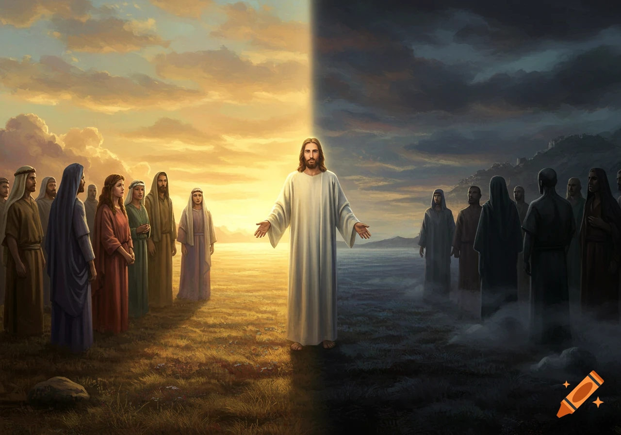 Jesus Christ stands in the center of a landscape split between golden light and dark storm clouds, separating two groups of people.