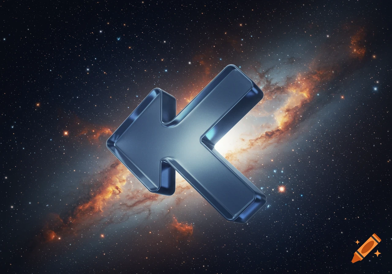 A shiny metallic left arrow floats in deep space, illuminated by a bright nebula in the background.