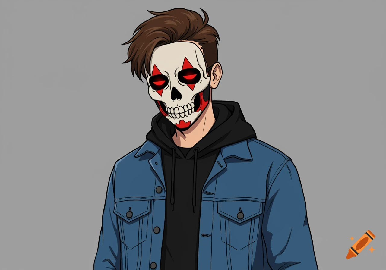 A cartoon illustration of a young man with brown hair wearing a white skull mask with red eyes, a black hoodie, and a blue denim jacket.