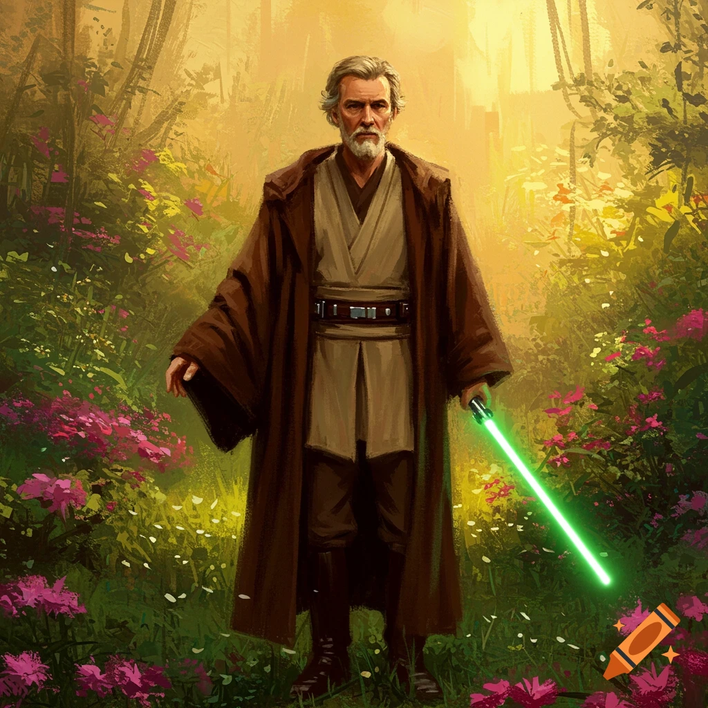 An oil painting of a bearded Jedi Knight in a brown robe standing in a vibrant forest, holding a glowing green lightsaber.