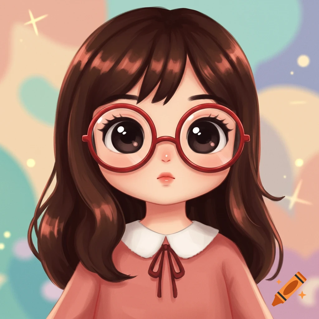 A cute cartoon woman with brown hair, red glasses, and large eyes, wearing a pink shirt with a white collar and bow.
