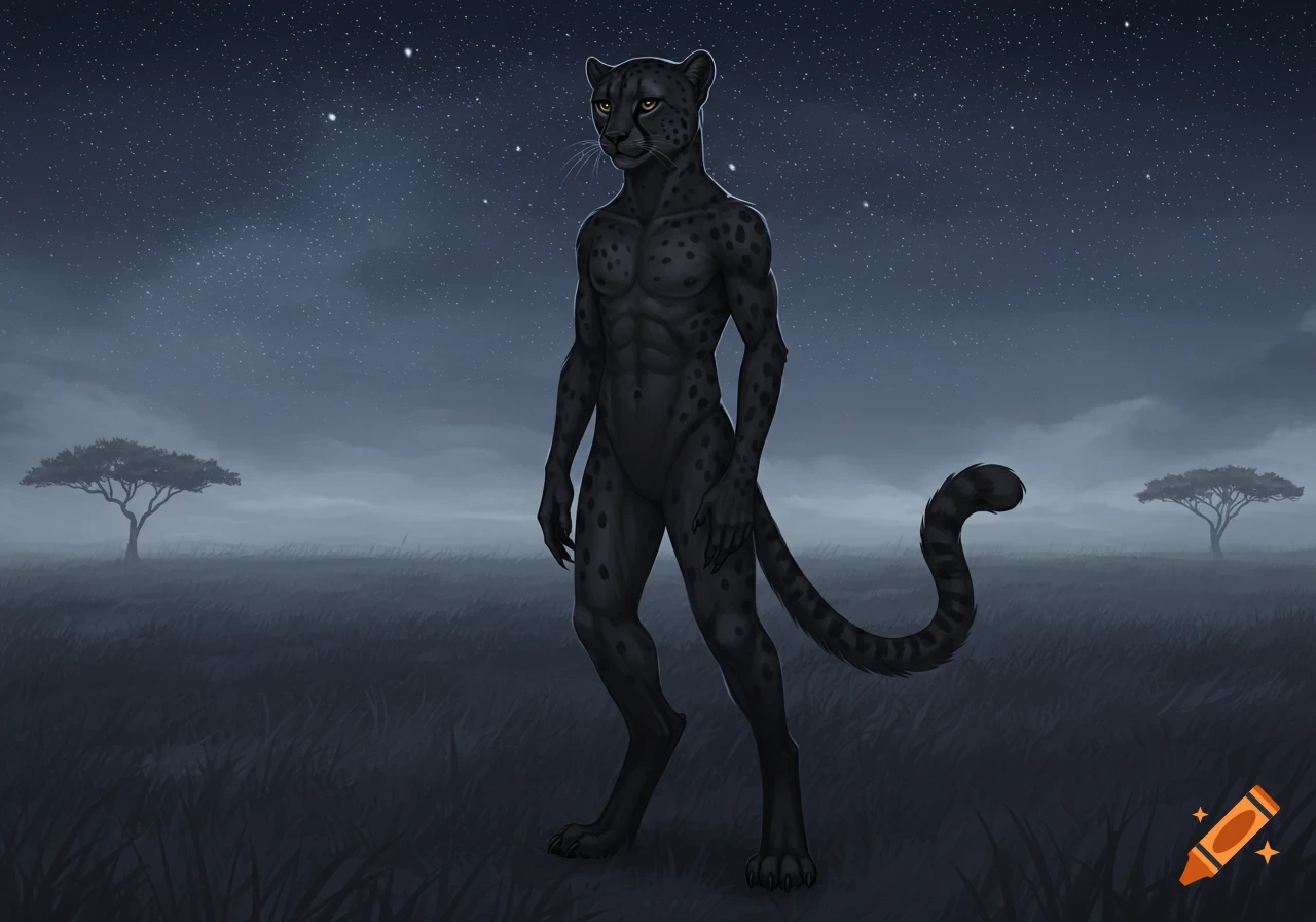An anthropomorphic black cheetah character stands in a misty savanna under a starry night sky.