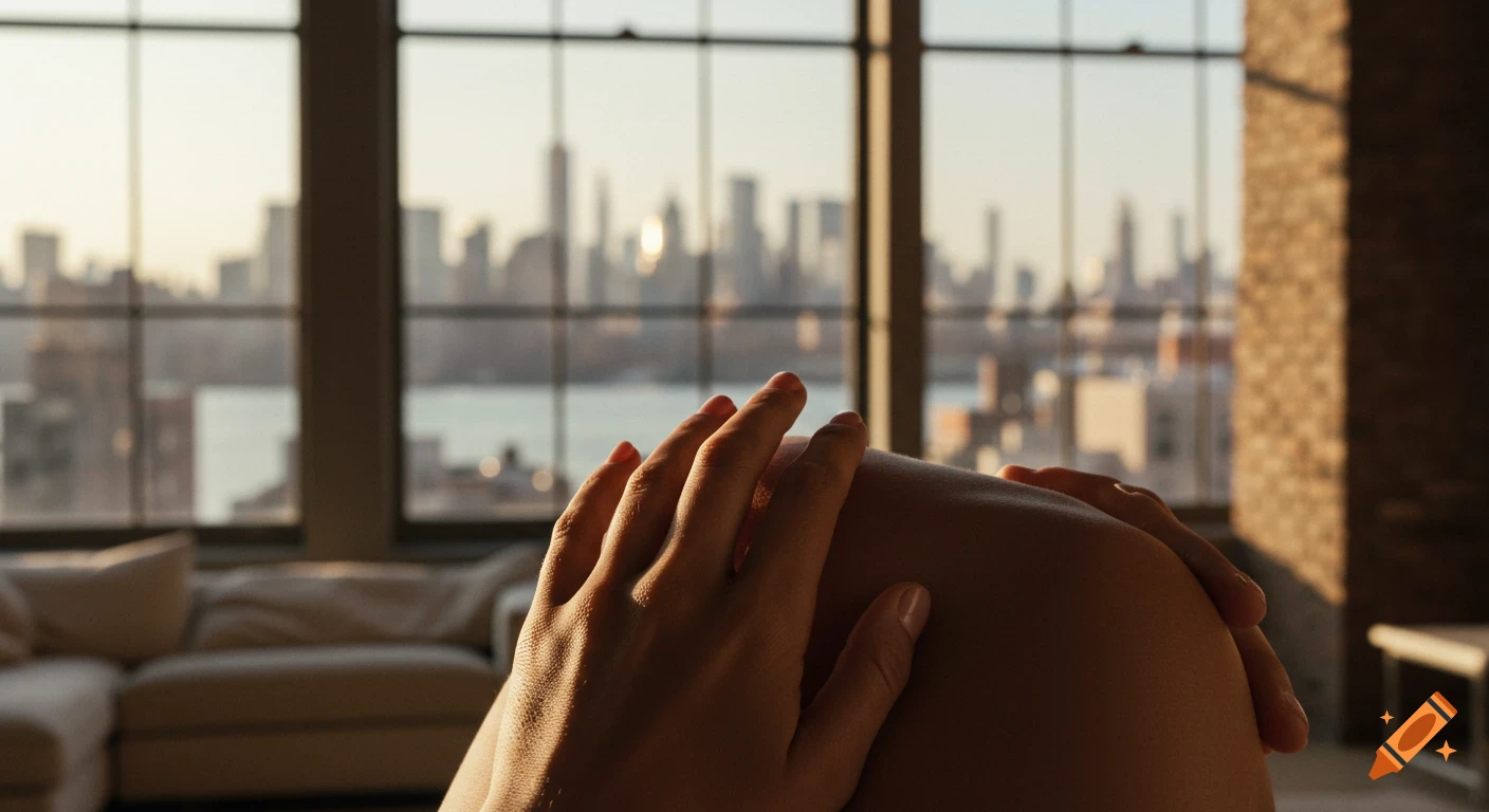 Close-up of hands resting on a shoulder, with a blurred New York City skyline visible through large windows in a sunlit loft.