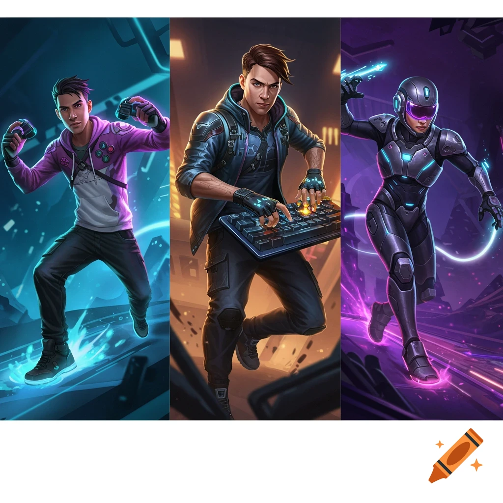 Three stylized male characters in a triptych. One holds controllers, one types on a keyboard, and one wears futuristic armor.