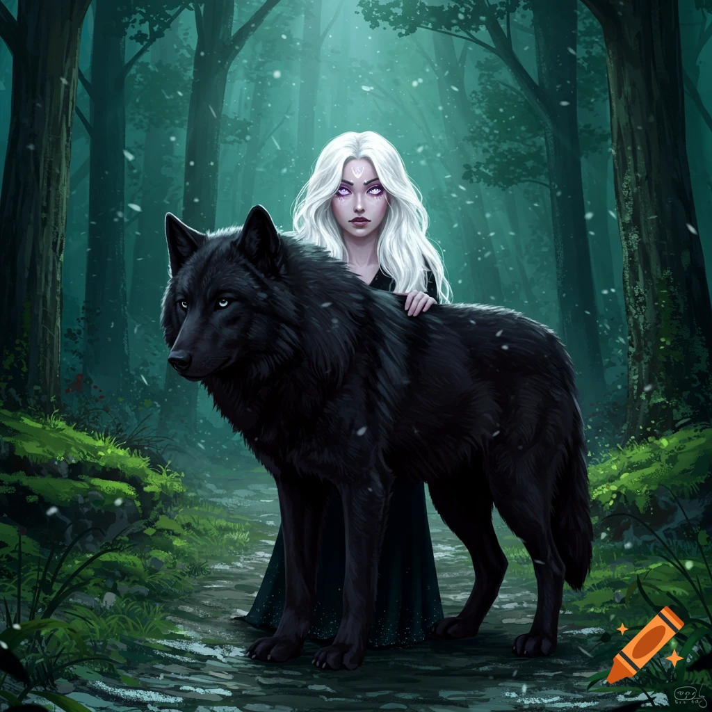 A white-haired woman with purple eyes stands beside a large black wolf in a mystical, snow-dusted forest, in a digital art style.