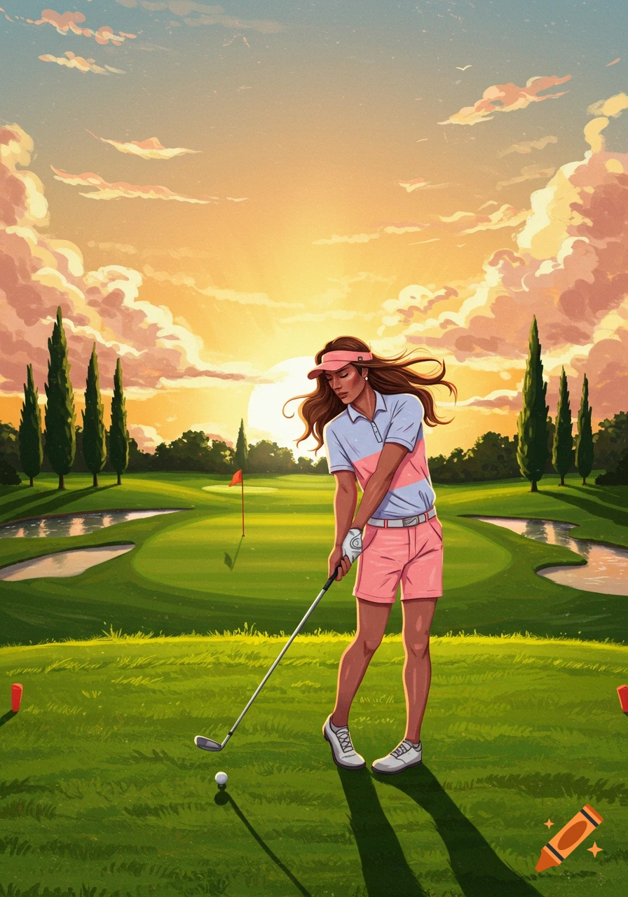 An illustrated image of a person golfing on a green course during sunset with trees and water hazards.