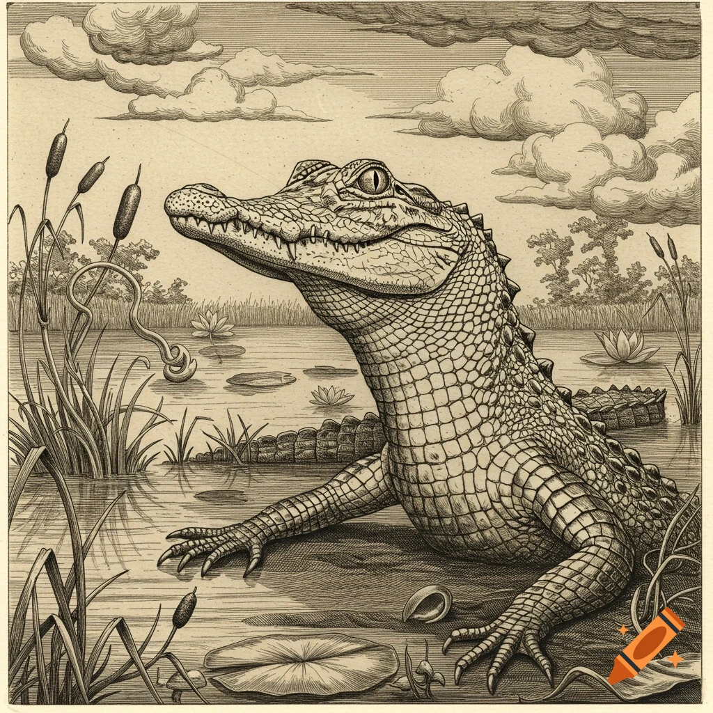 An engraving depicts an alligator emerging from a swamp, surrounded by water lilies, reeds, and cattails under a cloudy sky.