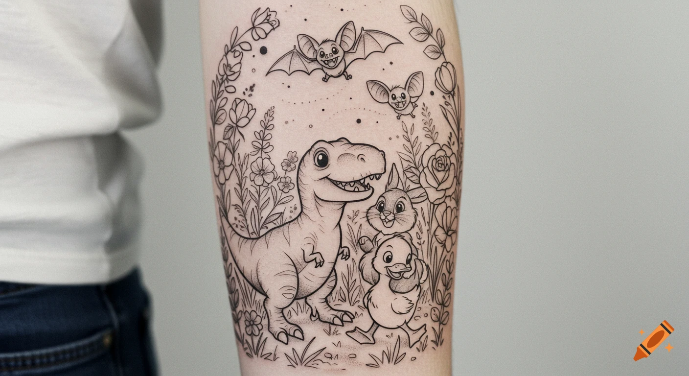 Black and white tattoo of a smiling T-Rex, bunny, duckling, and two bats surrounded by flowers and plants.