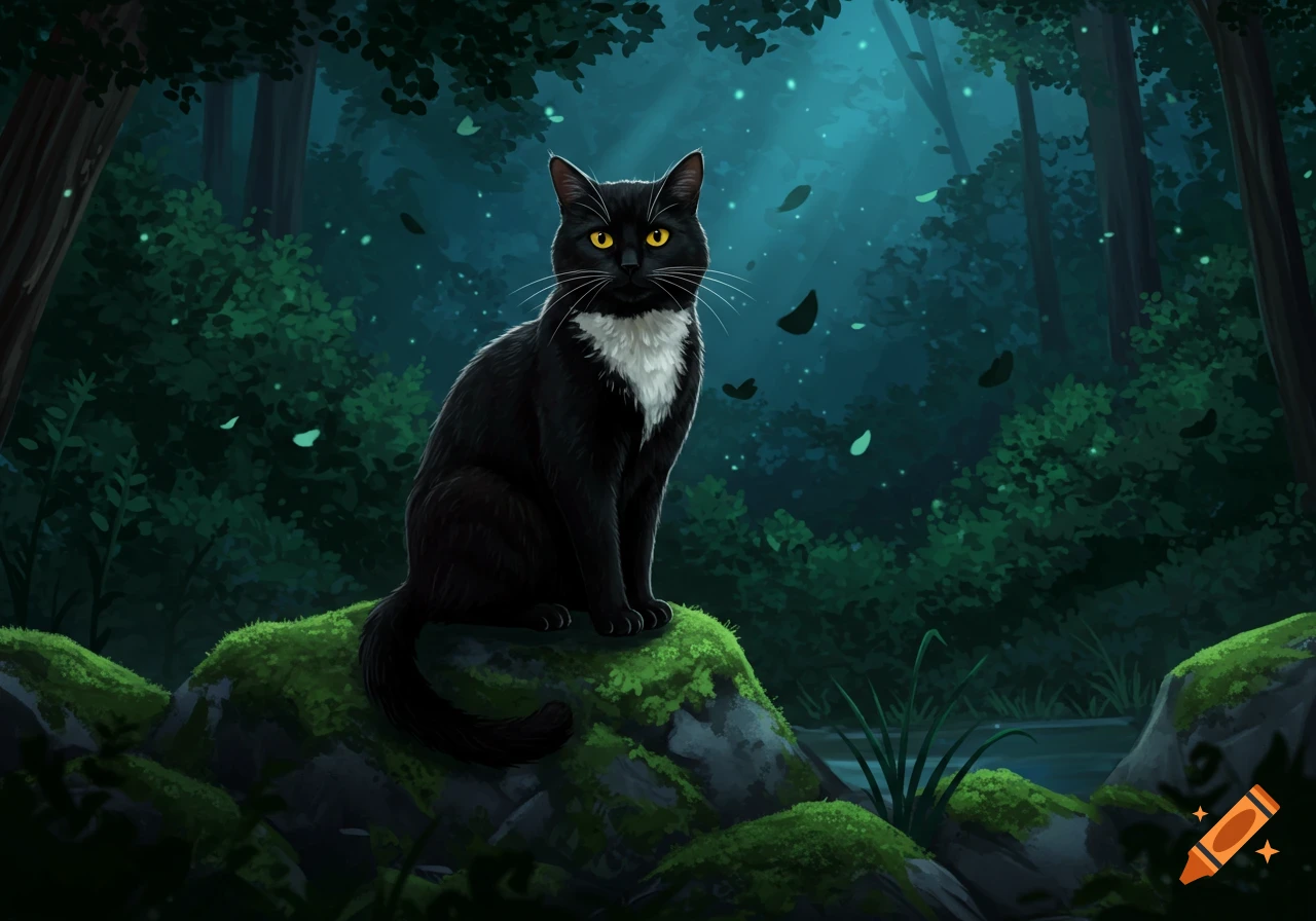 A black cat with bright yellow eyes and a white chest patch sits on a mossy rock in a dark, glowing forest at night.