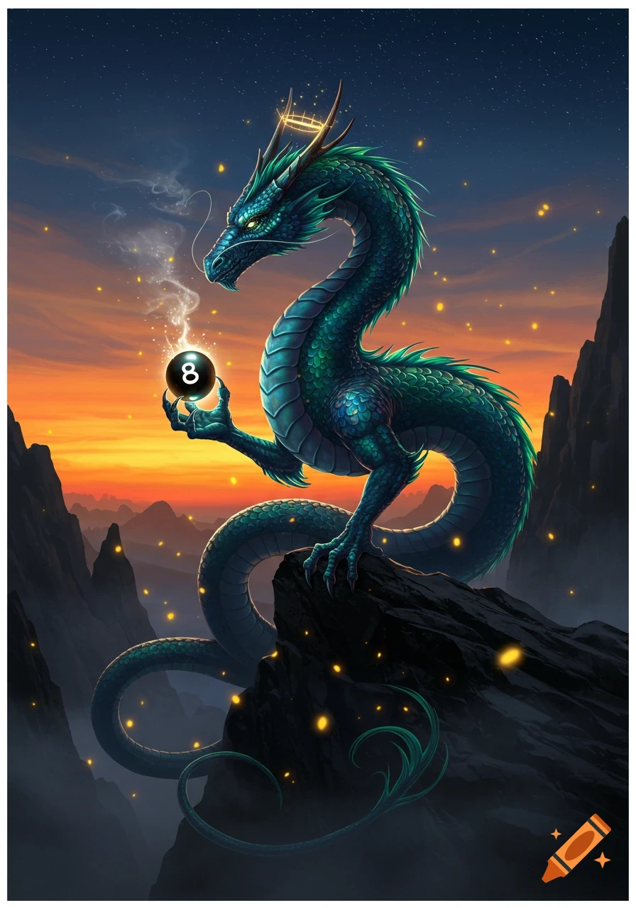A teal dragon with a glowing halo on its head sits atop a mountain, holding a glowing magic 8 ball at sunset.