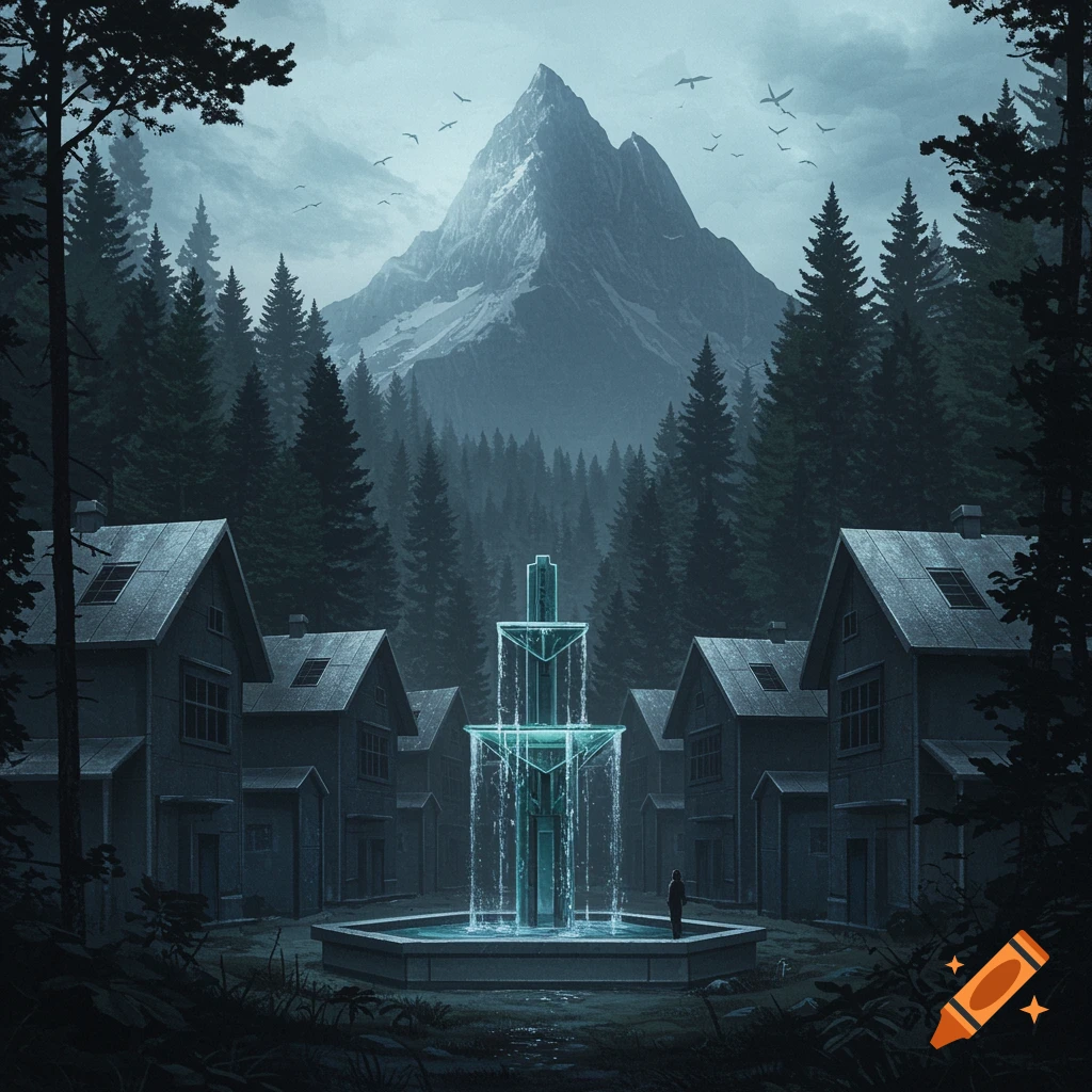 Dystopian village with futuristic metal houses, a glowing fountain, dense forests, and a large mountain under a cloudy sky.
