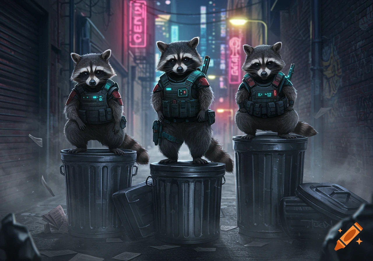 Three raccoons in tactical vests stand on trash cans in a dark, neon-lit cyberpunk alley.