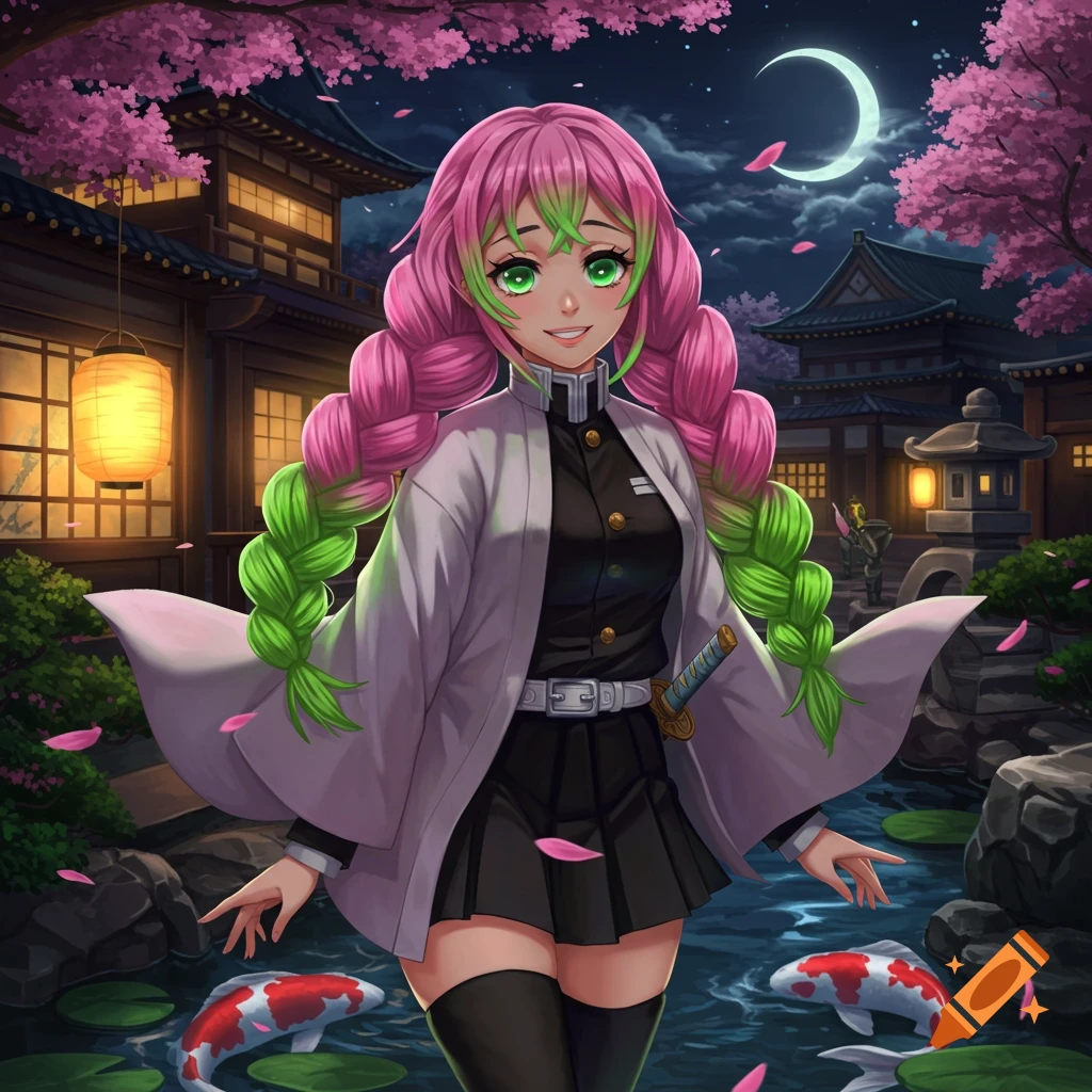 An anime girl with long pink and green braided hair in a uniform stands in a Japanese garden at night, with cherry blossoms, a crescent moon, and koi fish in a pond.