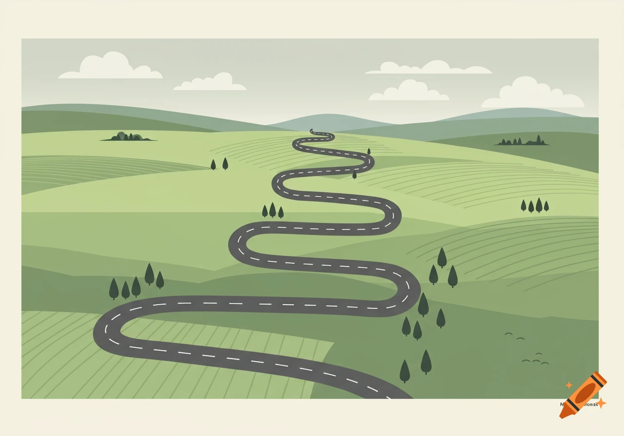 Stylized illustration of a winding road through green rolling hills under a cloudy sky.
