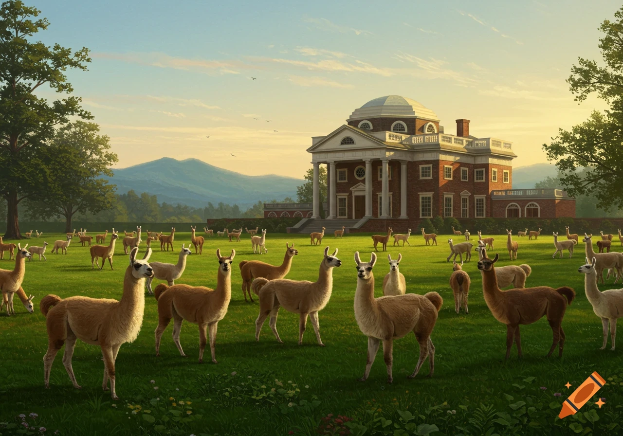 Many llamas graze on a sunny green lawn in front of Monticello, a classical red brick mansion with white columns, under a blue sky.