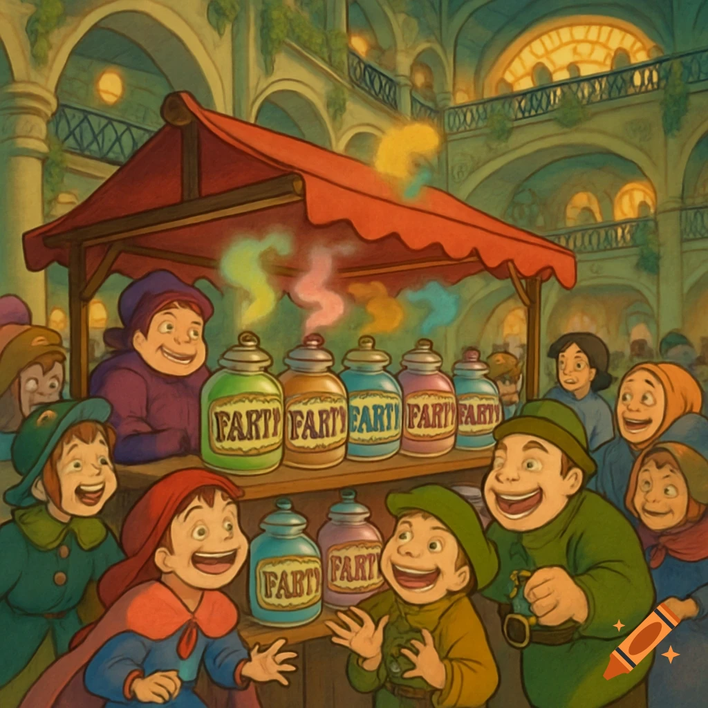 Smiling people gather around a market stall selling colorful jars labeled 'FART' in a grand hall, in Studio Ghibli art style.