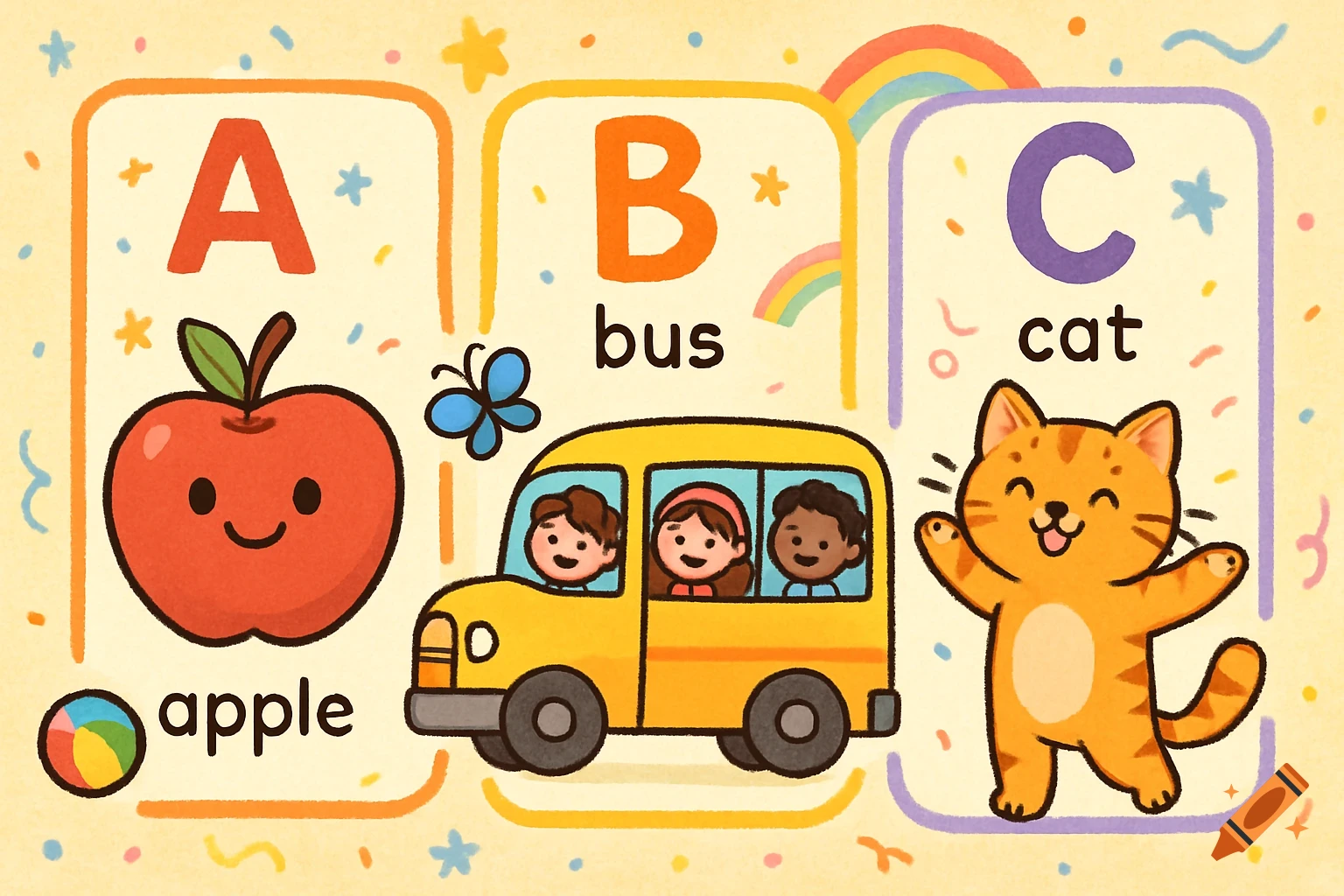 A colorful, cartoon-style ABC chart with letters A, B, C, an apple, a school bus with children, and a cat.