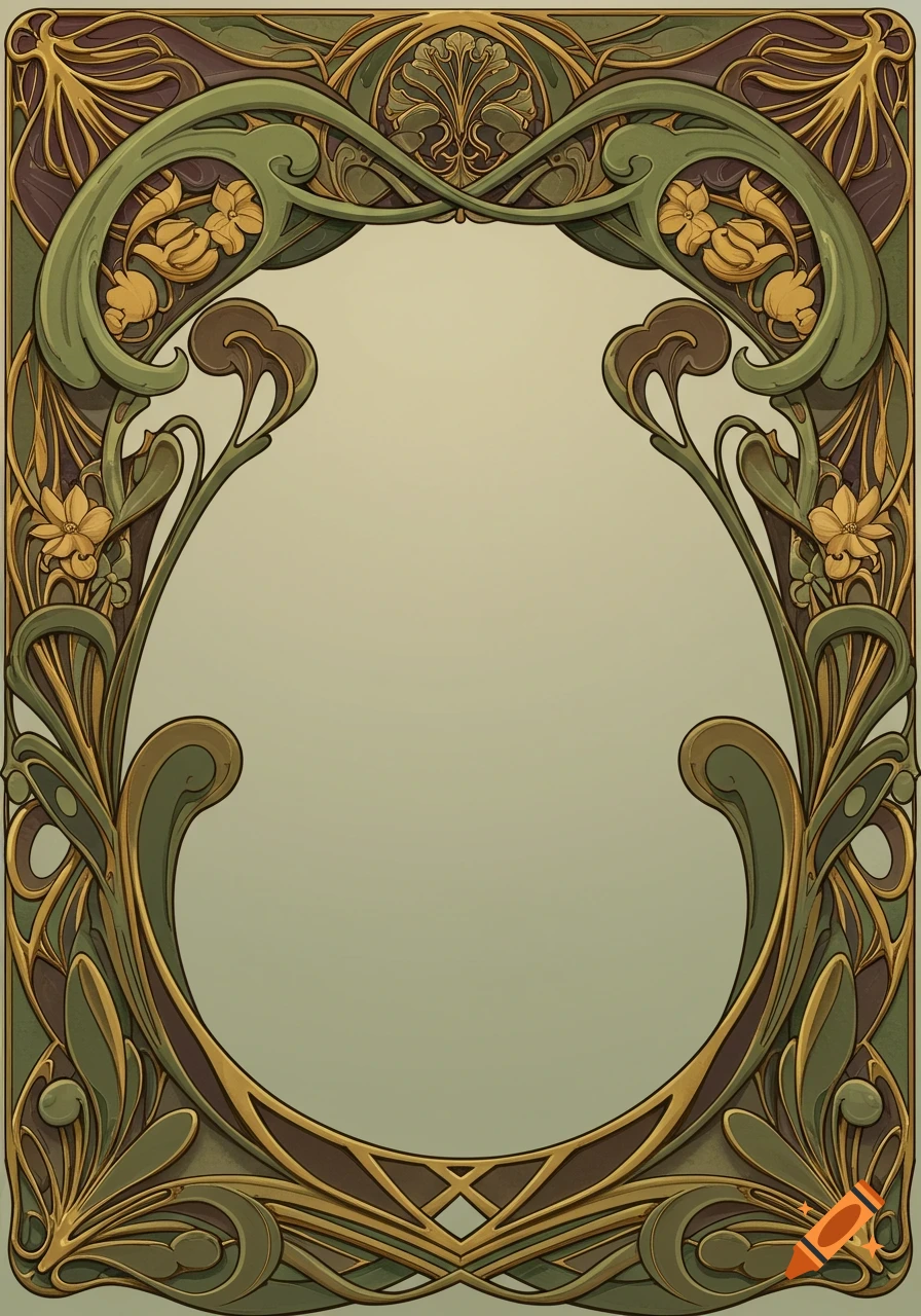 An ornate Art Nouveau style border with green, brown, and gold floral and organic patterns around an empty oval space.