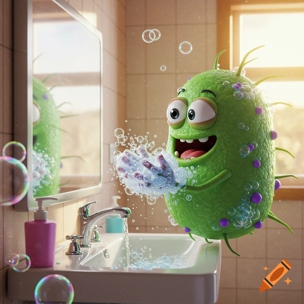 A cheerful 3D cartoon green germ with big eyes washes its hands at a bathroom sink, creating many bubbles.