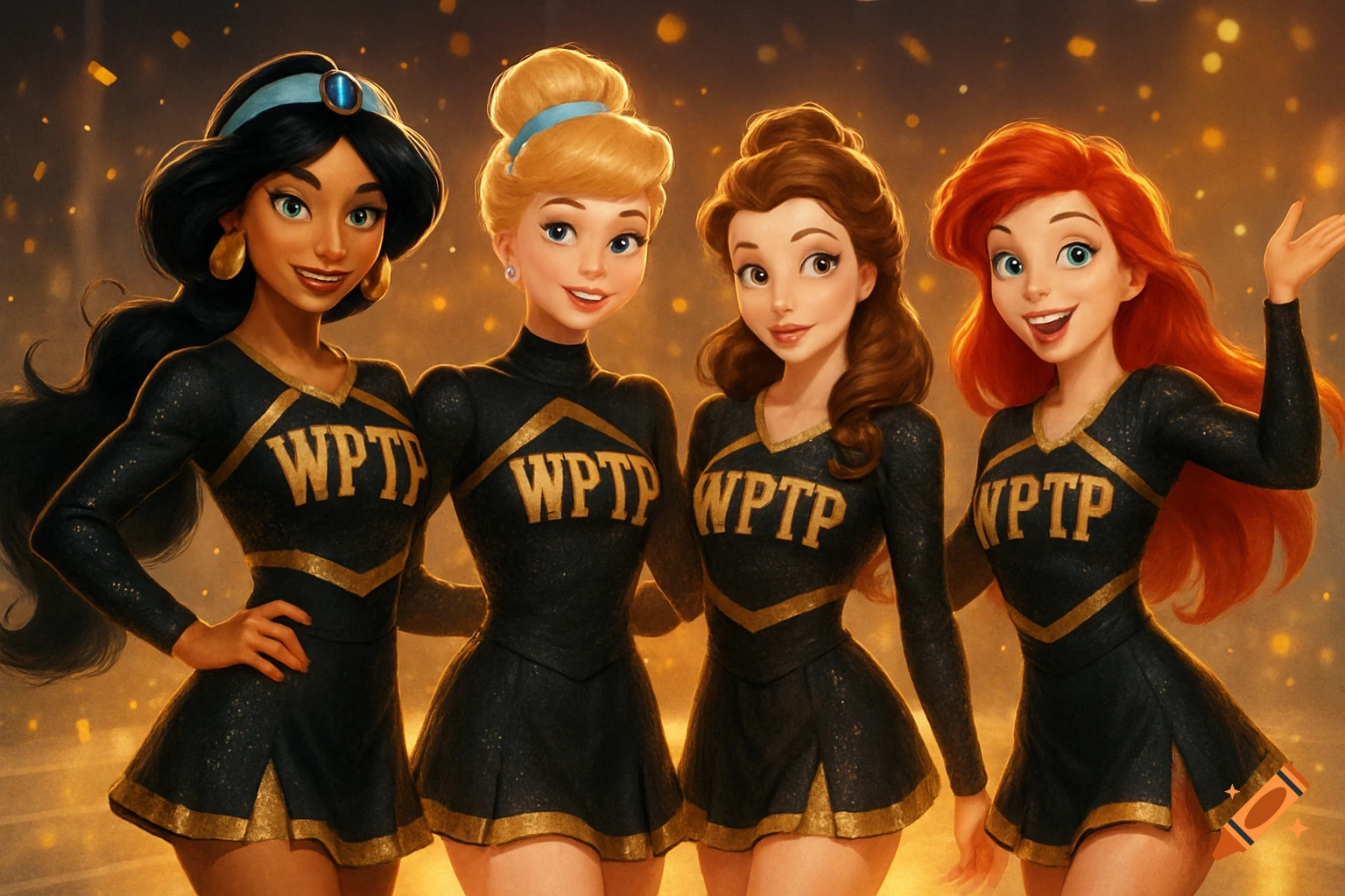 Four animated Disney princesses, Jasmine, Cinderella, Belle, and Ariel, wearing black and gold cheerleading uniforms with 'WPTP' on them, standing together in a sparkling arena.