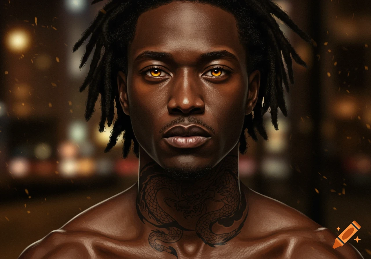 Close-up portrait of a man with dark skin, dreadlocks, amber eyes, and a black dragon tattoo on his neck, against blurred city lights.