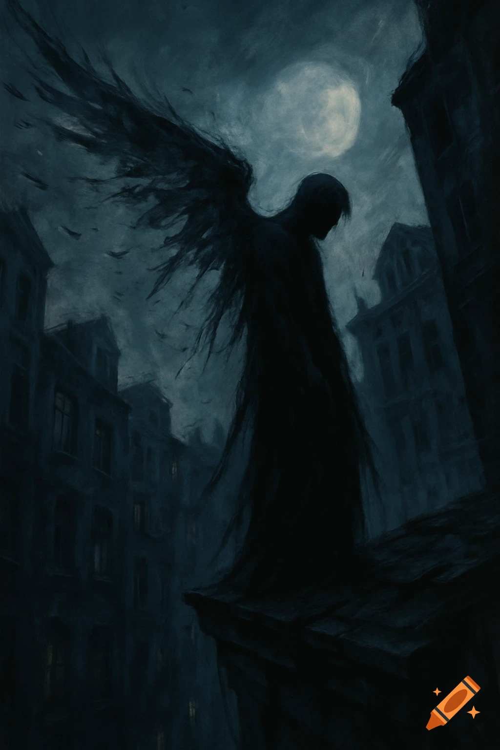 A dark, moody painting of a silhouetted figure with large, tattered wings standing on a rooftop under a full moon in a gothic city.