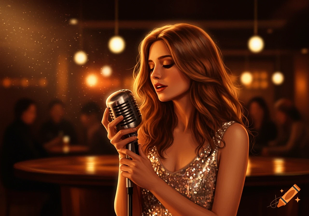 A woman with long, reddish-brown hair in a sparkling dress sings into a vintage microphone on a dimly lit stage.