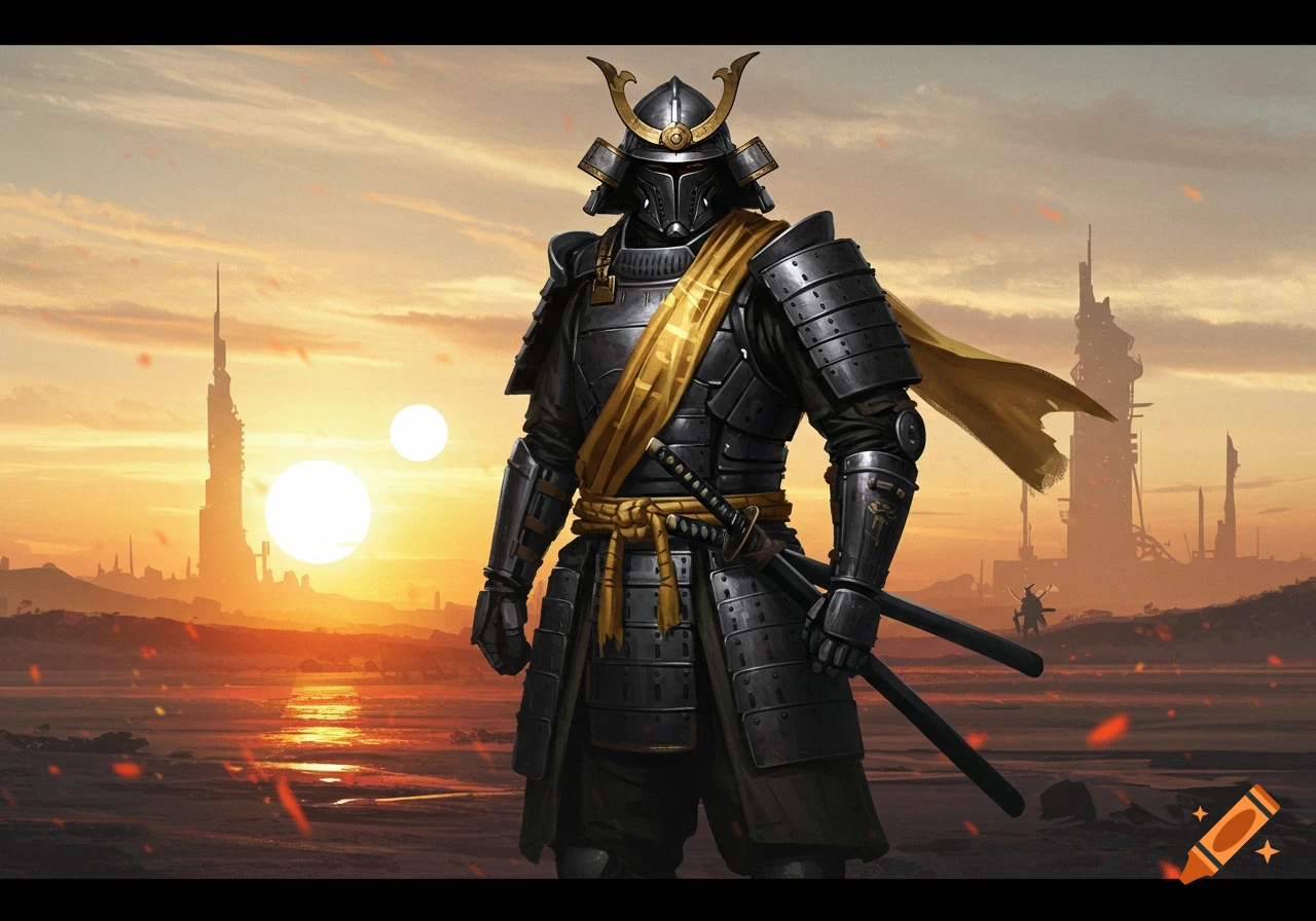 A sci-fi samurai in black power armor with a golden sash and two katanas stands in a desert with two setting suns and futuristic buildings.